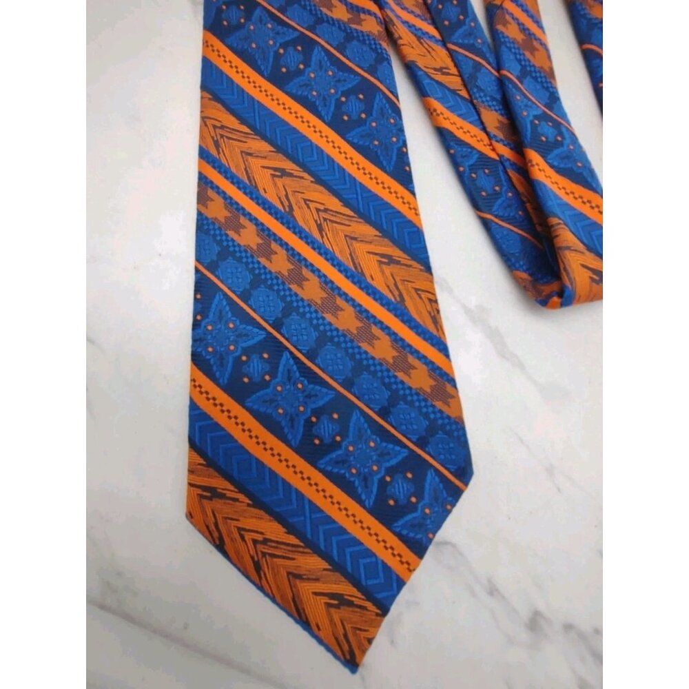 VTG Trevira Polyester Tie Blue Orange Striped Geometric Pattern Penneys 70s Cool